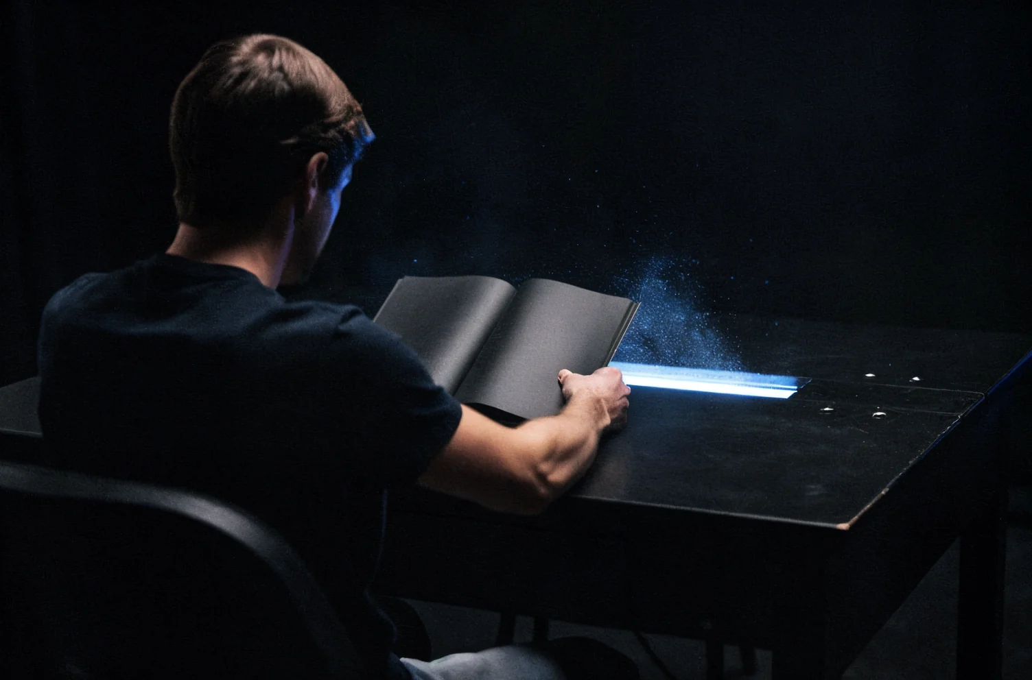 A person seen from behind at a heavy desk reading an open book lit from a slot beneath the surface, dust in the beam.