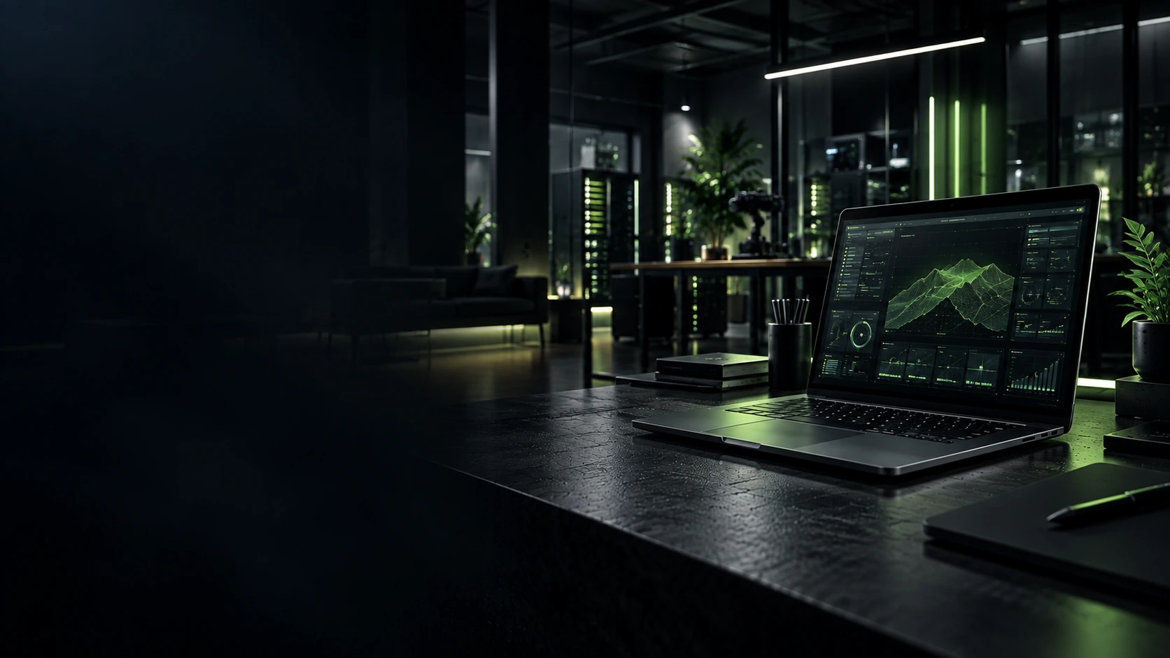 A dark studio office at night with a laptop showing live operational dashboards on the desk