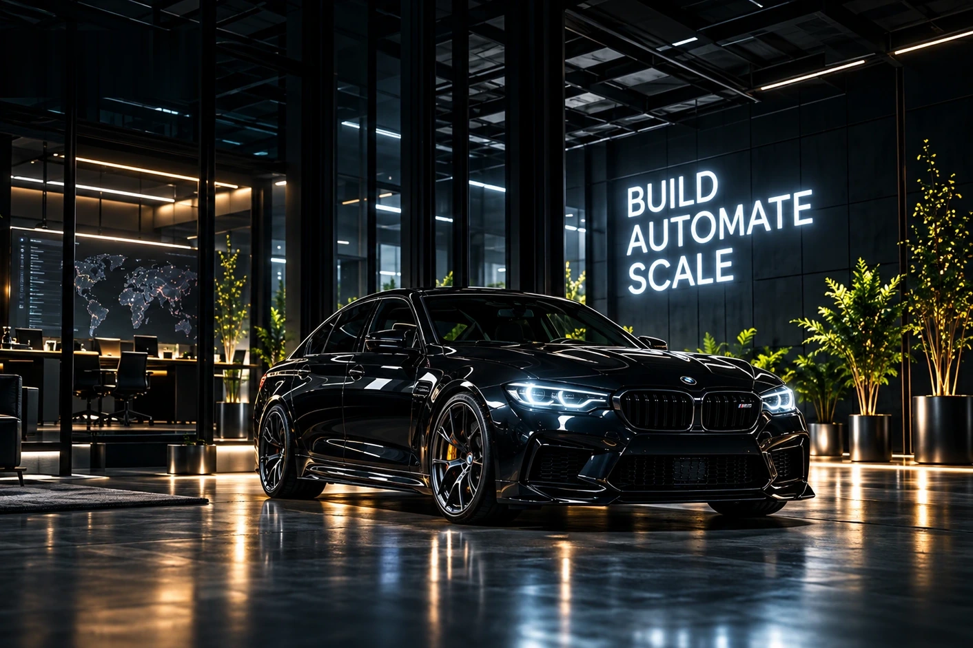 A high-performance saloon car on a polished concrete floor in a dark studio showroom, with a glass-walled office and a glowing world-map data wall behind, beneath a green neon sign.