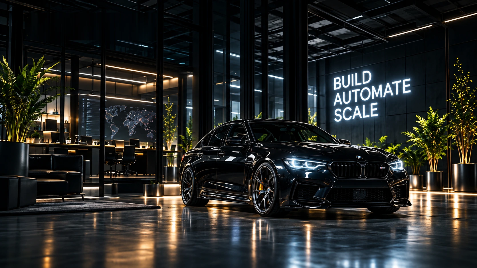 A high-performance saloon car on a polished concrete floor in a dark studio showroom, with a glass-walled office and a glowing world-map data wall behind, beneath a green neon sign reading BUILD AUTOMATE SCALE.
