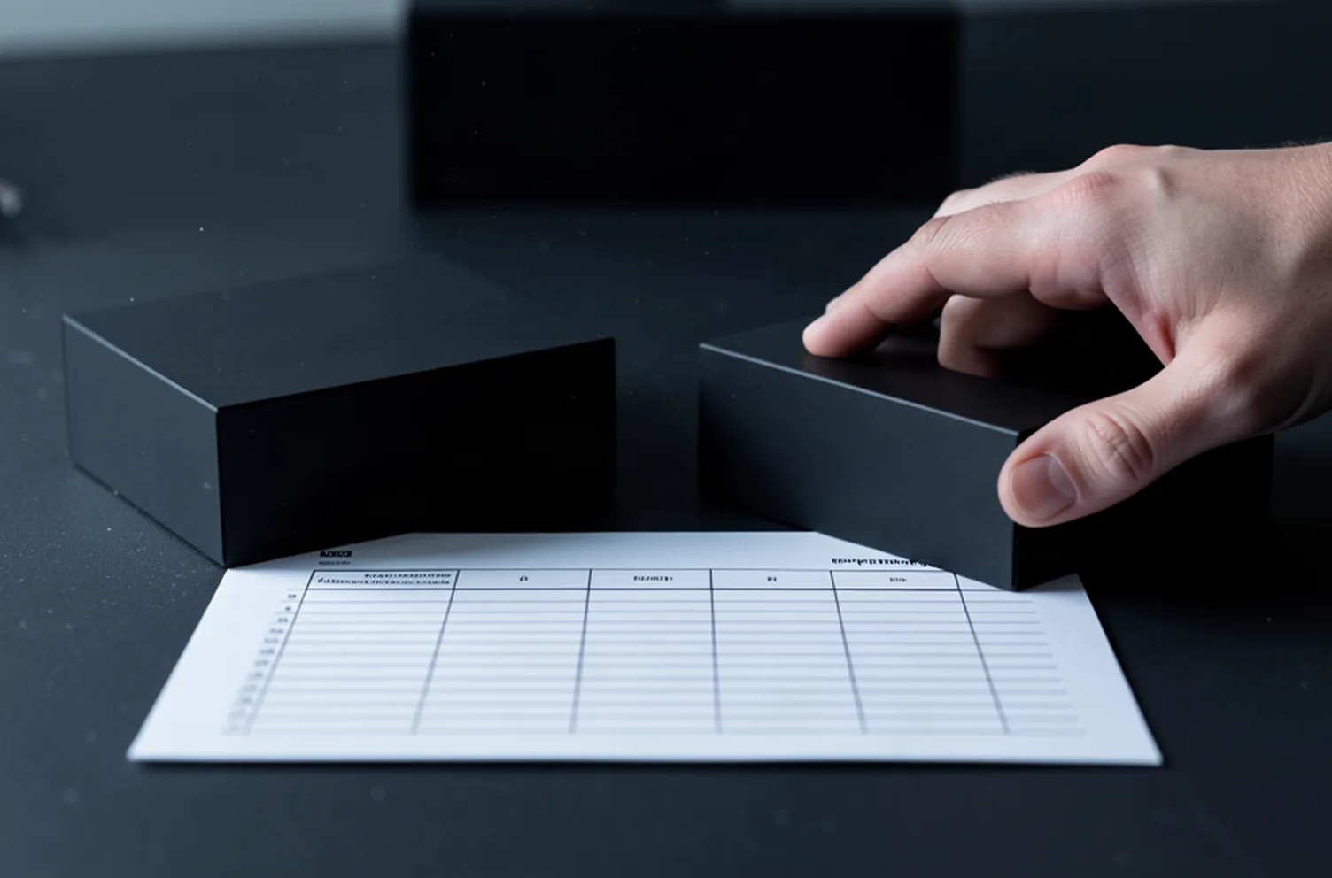 Two identical matt product blocks on a dark desk, one plain and one being handled, above a specification sheet