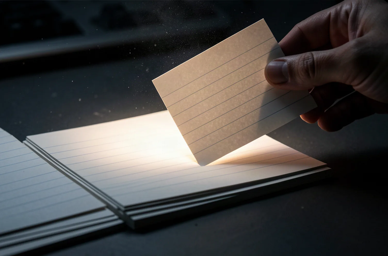 One printed workflow card lifted clear of a fanned spread of identical blank cards on a dark desk