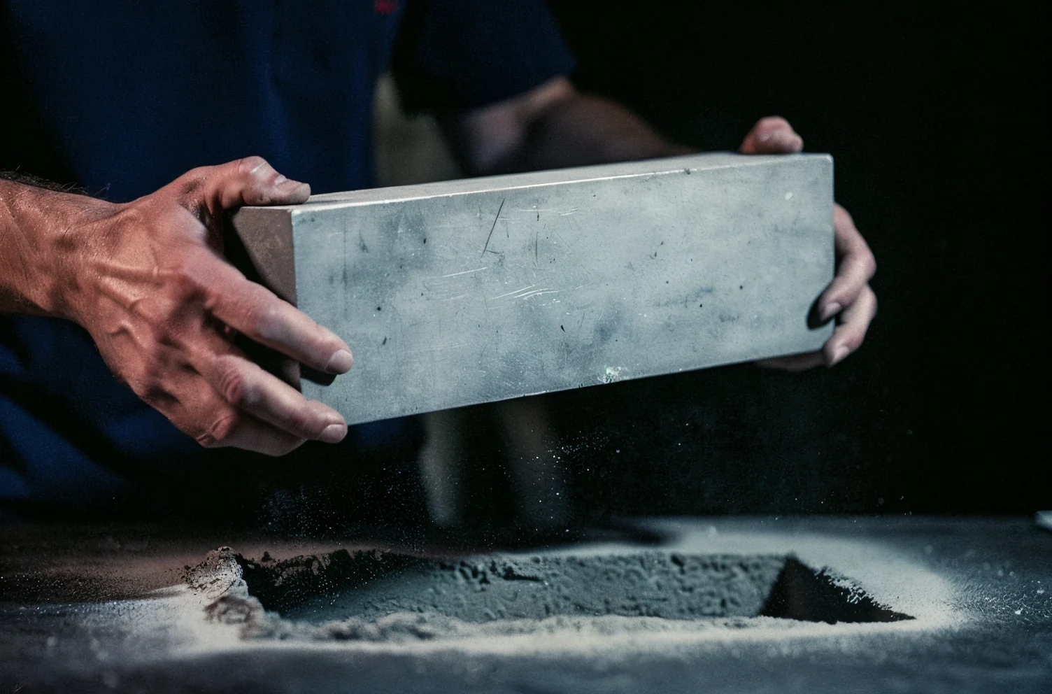Two hands lifting a heavy unmarked steel block off a dusty dark workbench, a clean rectangular footprint left in the dust where it sat.