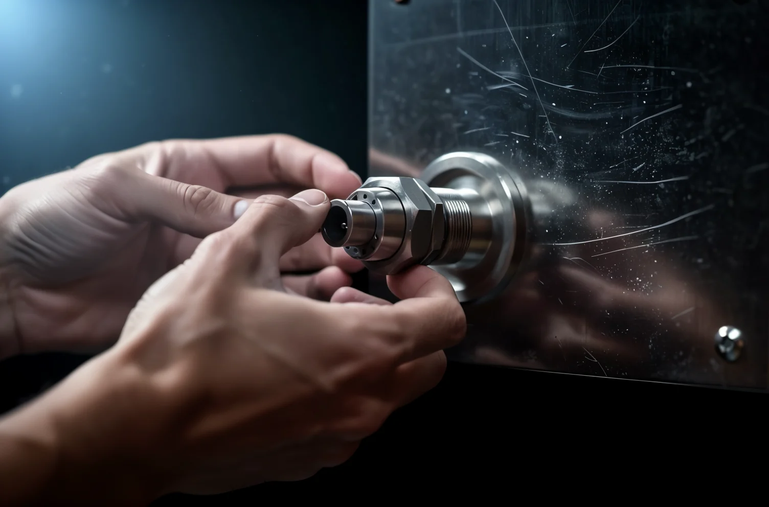 Two hands pushing a machined steel connector into a socket on a scratched steel housing, one hard light from the left.