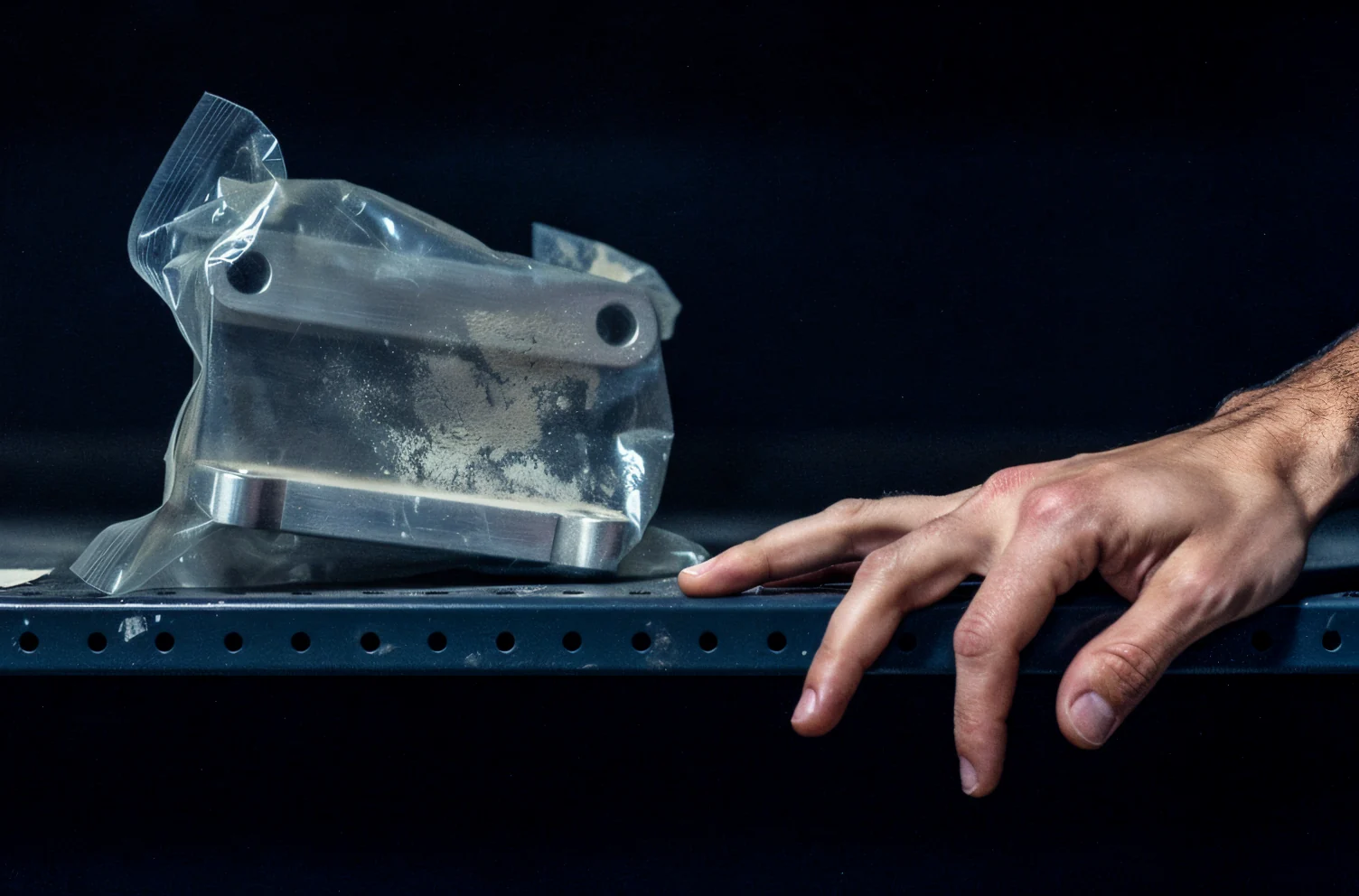 A machined steel bracket still sealed in blank clear plastic film, dust settled on the wrap, on a dark shelf beside a resting hand.