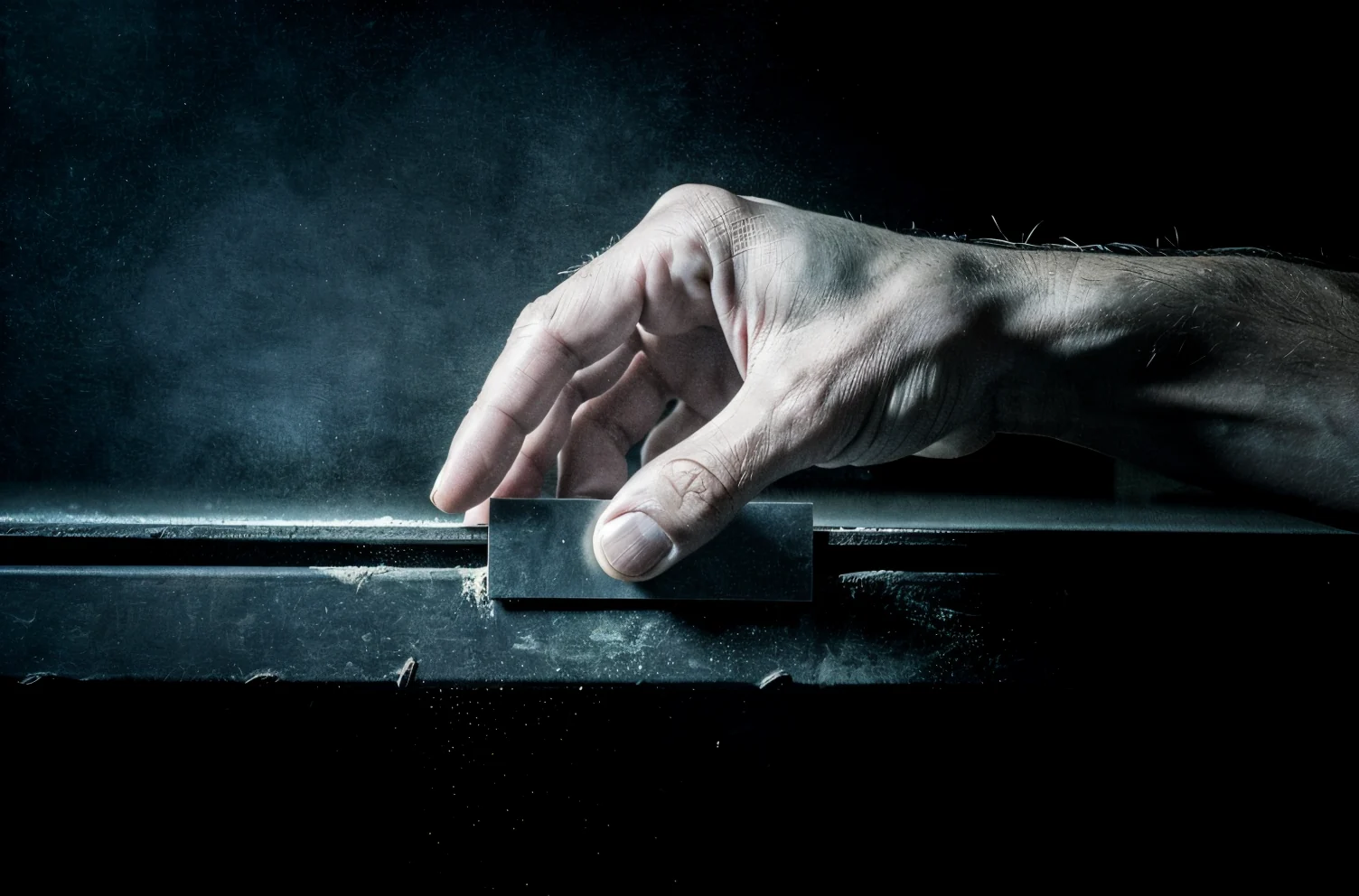 One hand pressing a thin blunt steel shim into a slot under a heavy dark steel plate, dust in the light.