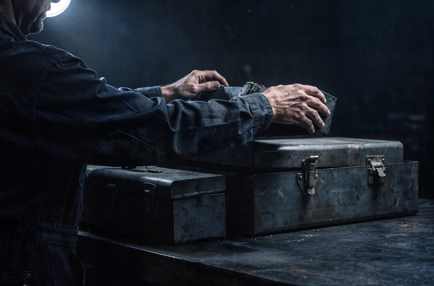 A person seen from behind at a dark steel bench, lifting the lid of one worn steel toolbox while two identical closed boxes sit beside it