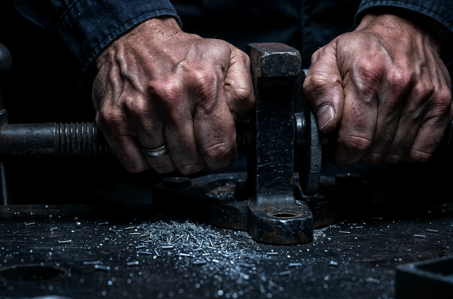 Close frame on two weathered hands clamping a steel bracket in a heavy bench vice, metal filings scattered across the dark bench below