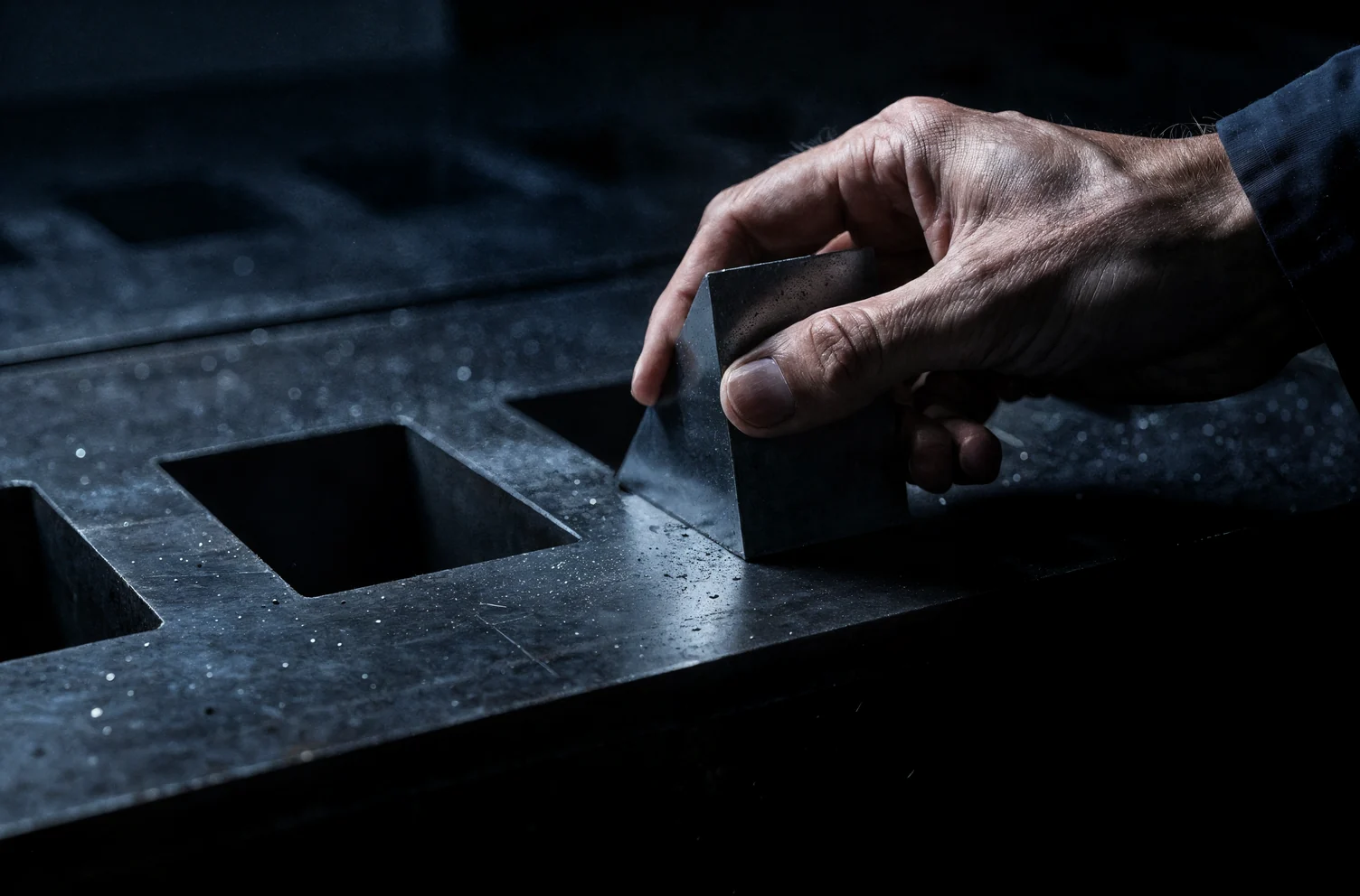 A hand lowering one machined steel block into the single slot cut in a thick steel plate, the neighbouring slots empty and unlit