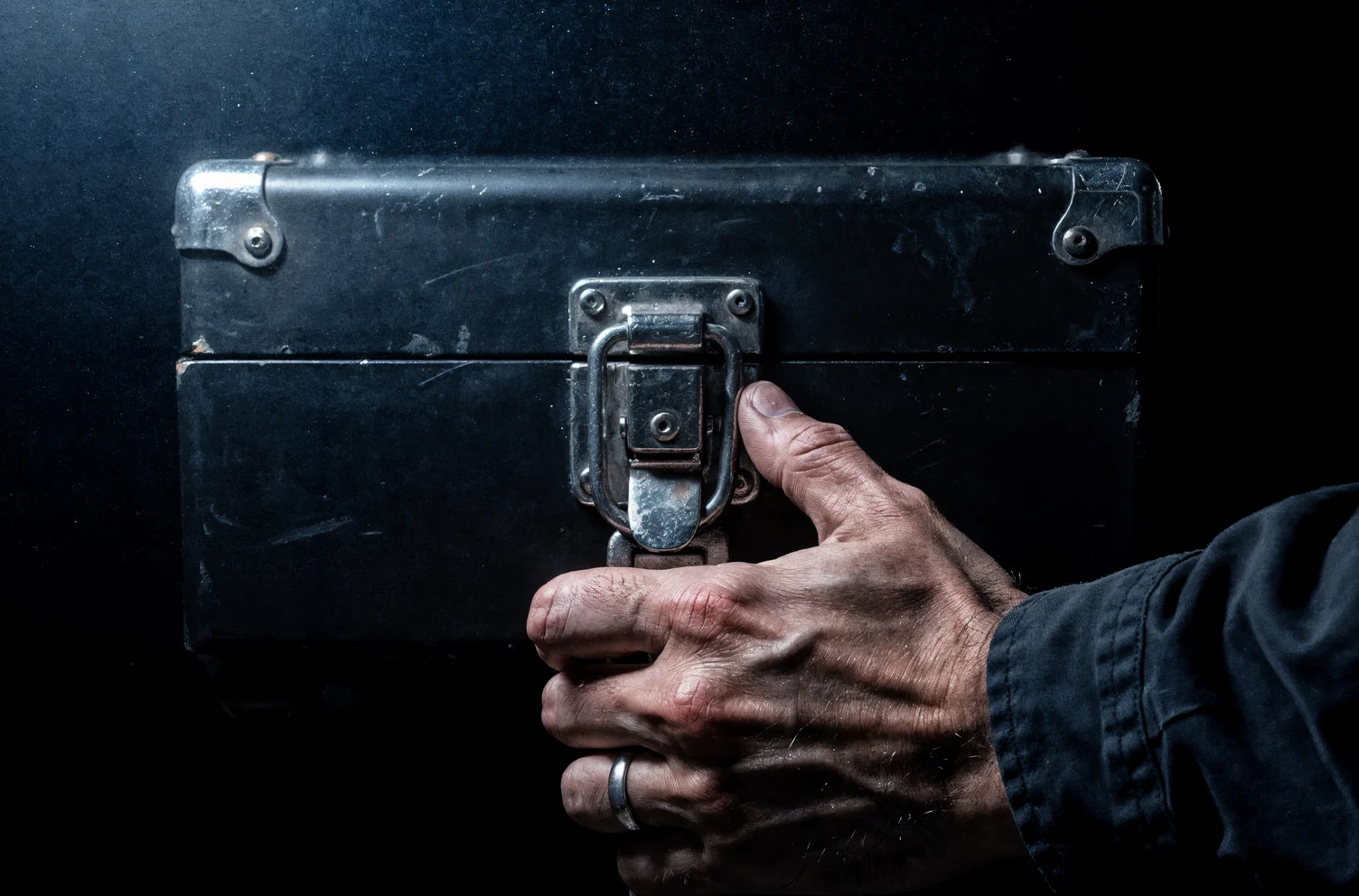 A weathered hand with a single wedding band pressing the steel latch of a plain matte black equipment case shut