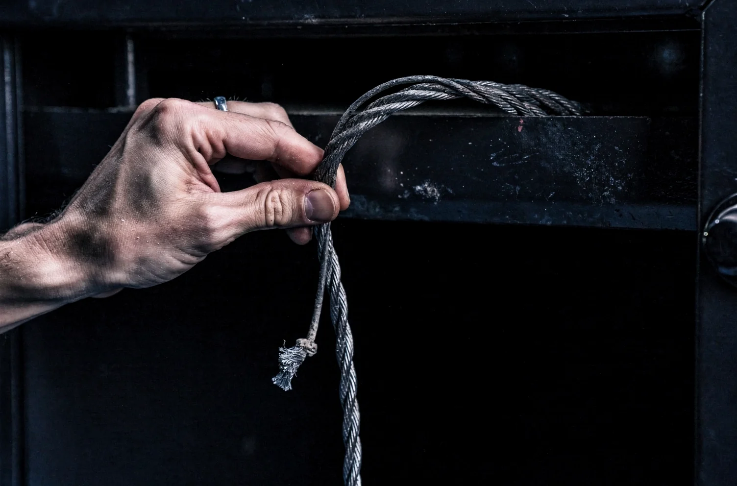 A hand holding the loose, unterminated end of a steel cable pulled out of the back of a dark equipment cabinet.