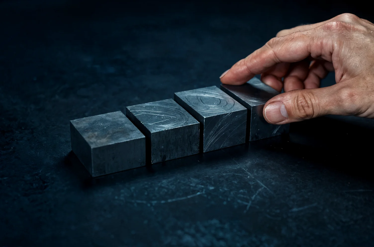 A hand setting four solid steel blocks in a row on a dark surface, each block taller than the one before it