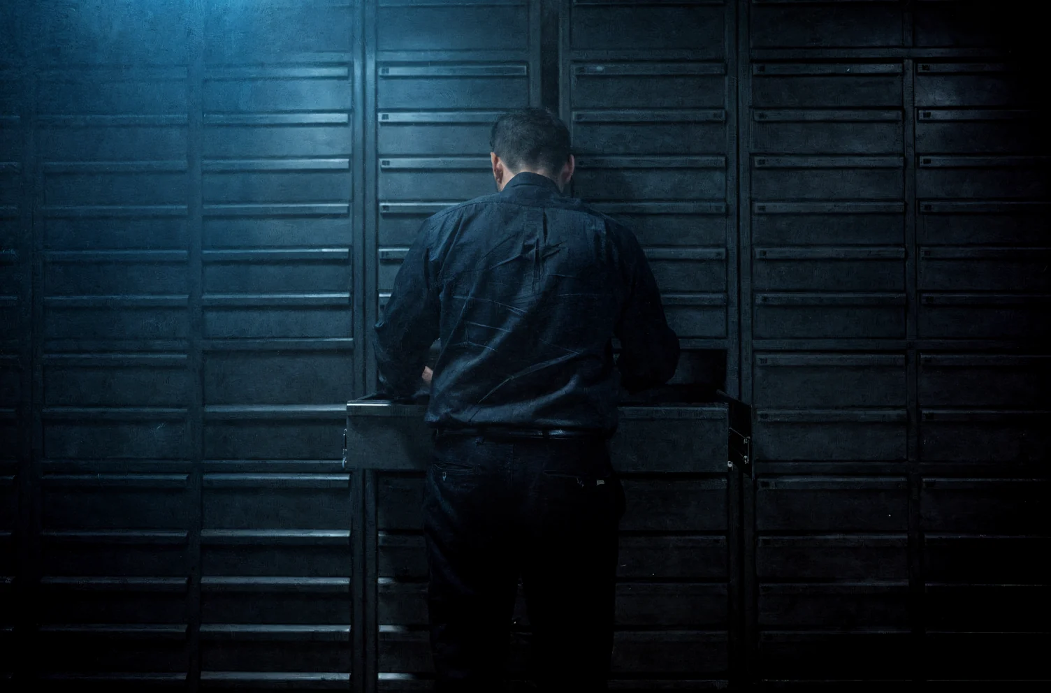 A person seen from behind at a tall bank of plain steel drawers in a dark workshop, one drawer pulled open