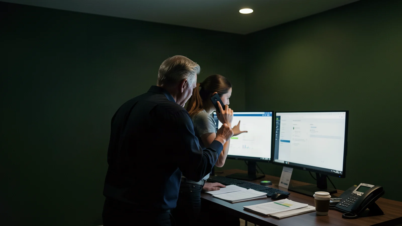 A principal and a property manager comparing two screens during a handover