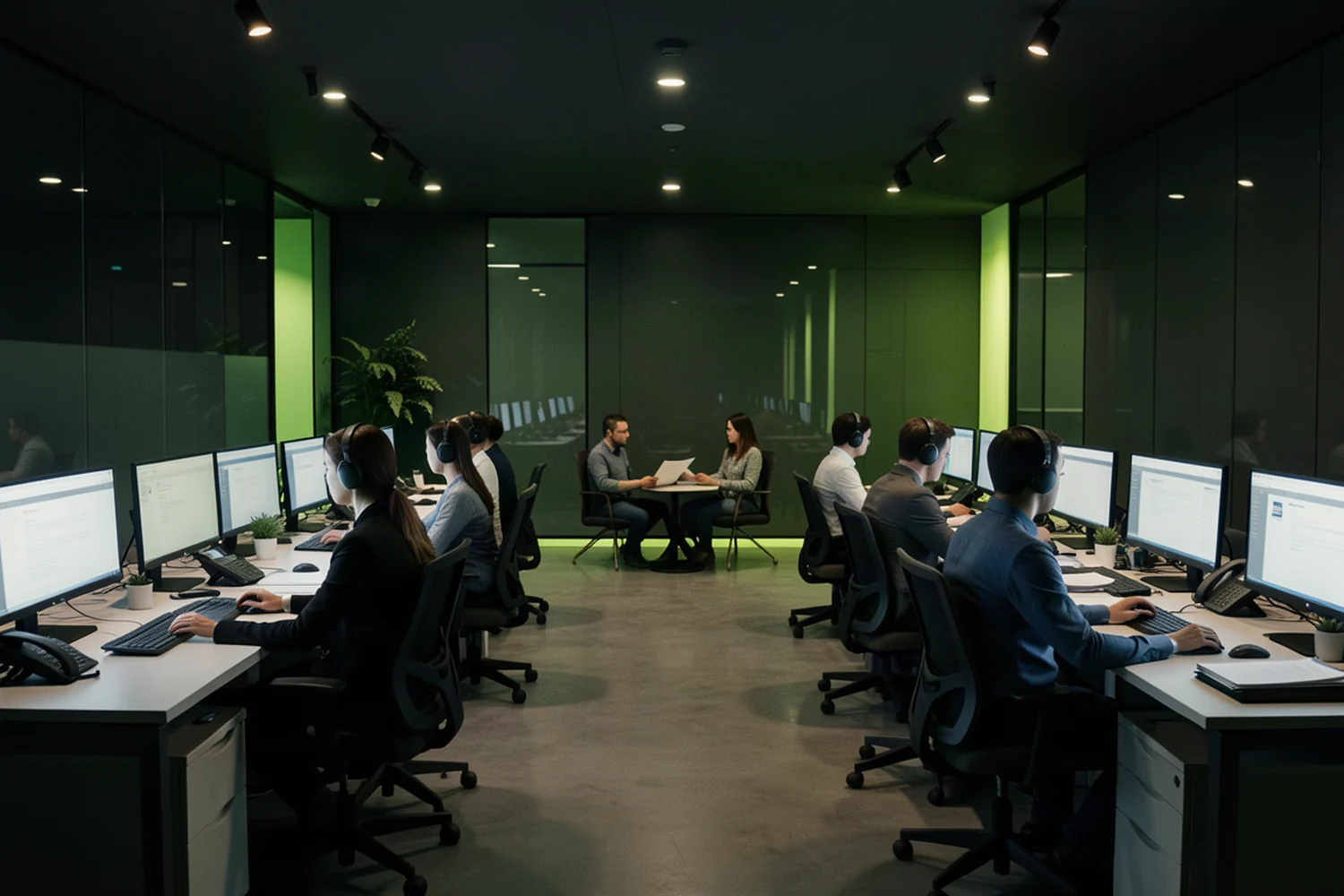 A busy property management floor at work