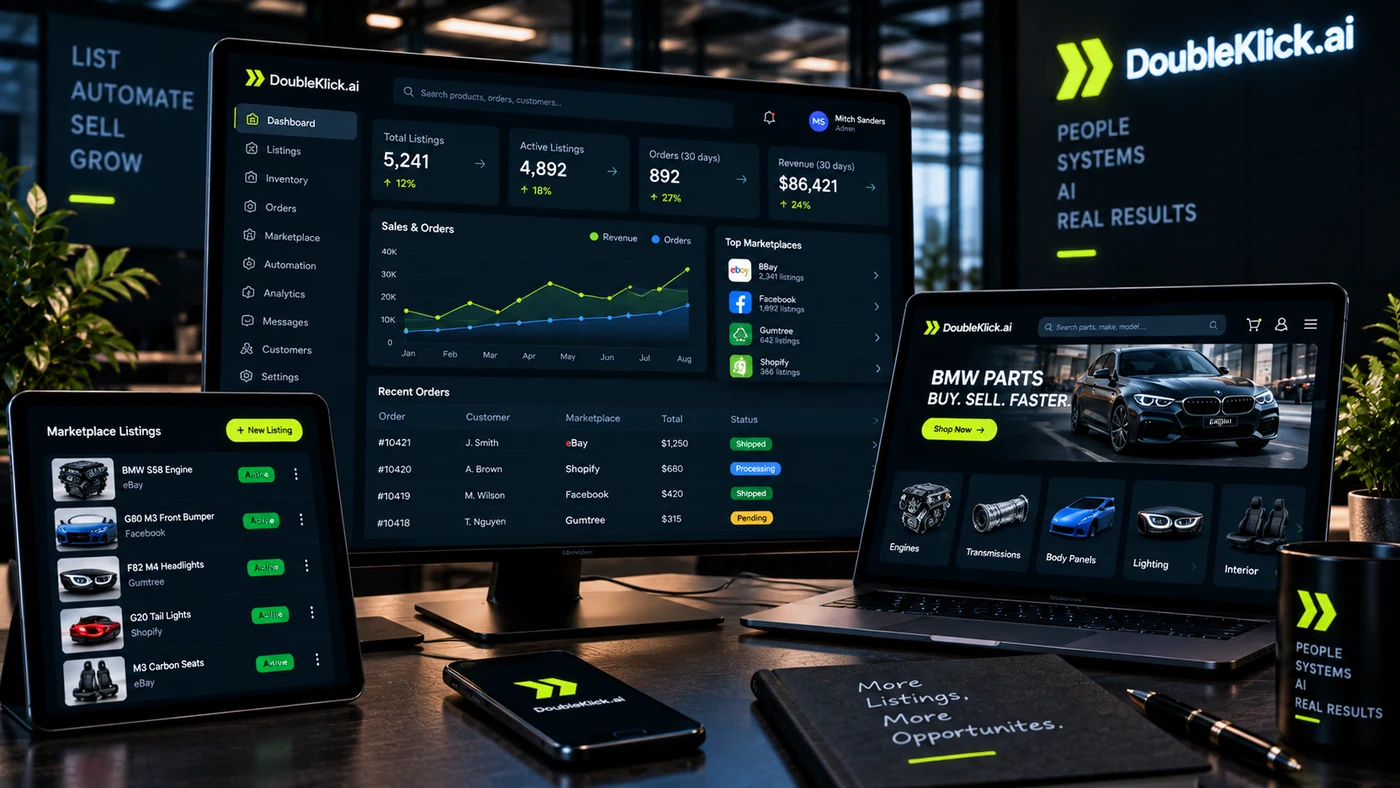 E-commerce dashboards alongside an automotive parts storefront